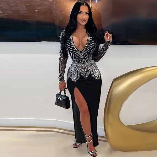 Sexy V-neck Rhinestone Embellished Stretch Slim-fit Slit Hem Bodycon Dress NY-3110
