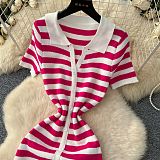 V-neck Single Button Striped Knitted Simming Maxi Dress For Women RS-20260121