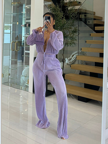 Sexy Deep V-Neck Long-Sleeved Tie-Up Top and Casual High-Waisted Straight-Leg Pants Set RS-055