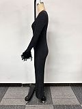 Sexy Stretchy Shiny One-Shoulder Jumpsuit with Feather Embellishments NY-10688