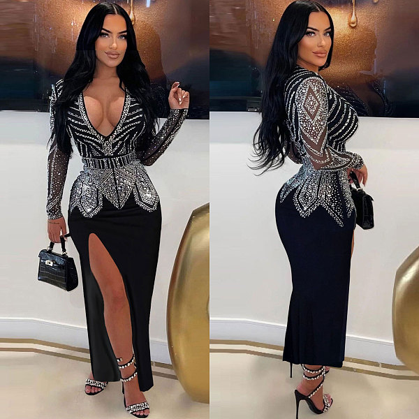 Sexy V-neck Rhinestone Embellished Stretch Slim-fit Slit Hem Bodycon Dress NY-3110