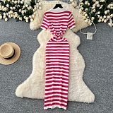 V-neck Single Button Striped Knitted Simming Maxi Dress For Women RS-20260121