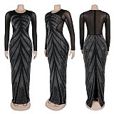 Sexy Rhinestone Embellished See-Through Mesh Patchwork Stretch Bodycon Dress With Back Slit NY-3189
