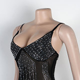 Sexy Rhinestone Embellished Sheer Strappy Elastic Slim-Fit Jumpsuit NY-3193