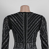 Sexy V-neck Rhinestone Embellished Stretch Slim-fit Slit Hem Bodycon Dress NY-3110