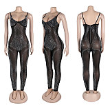 Sexy Rhinestone Embellished Sheer Strappy Elastic Slim-Fit Jumpsuit NY-3193