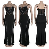 Sexy Stretch Spaghetti Strap Rhinestone Mesh See-Through Patchwork Lace Bodycon Dress NY-3161