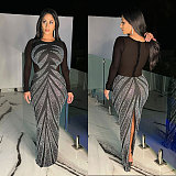 Sexy Rhinestone Embellished See-Through Mesh Patchwork Stretch Bodycon Dress With Back Slit NY-3189
