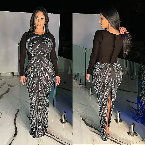Sexy Rhinestone Embellished See-Through Mesh Patchwork Stretch Bodycon Dress With Back Slit NY-3189