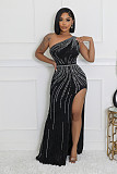 Sexy Two-Tone Rhinestone Embellished Sleeveless One-Shoulder Slit Bodycon Stretch Dress NY-3199
