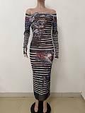 Sexy Mesh See-Through Thorns and Roses Print Slim-Fit Long-Sleeve Dress RS-2591