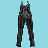 Sexy Rhinestone Embellished Sheer Strappy Elastic Slim-Fit Jumpsuit NY-3193