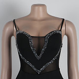 Sexy Stretch Spaghetti Strap Rhinestone Mesh See-Through Patchwork Lace Bodycon Dress NY-3161