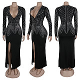 Sexy V-neck Rhinestone Embellished Stretch Slim-fit Slit Hem Bodycon Dress NY-3110