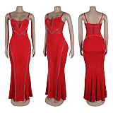 Sexy Stretch Spaghetti Strap Rhinestone Mesh See-Through Patchwork Lace Bodycon Dress NY-3161
