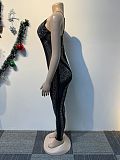 Sexy Rhinestone Embellished Sheer Strappy Elastic Slim-Fit Jumpsuit NY-3193
