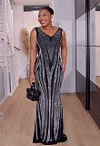Sexy V-neck Double-sided Rhinestone Embellished Sleeveless Stretchy Bodycon Long Dress NY-3187