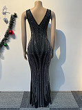 Sexy V-neck Double-sided Rhinestone Embellished Sleeveless Stretchy Bodycon Long Dress NY-3187