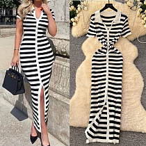 V-neck Single Button Striped Knitted Simming Maxi Dress For Women RS-20260121