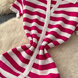 V-neck Single Button Striped Knitted Simming Maxi Dress For Women RS-20260121