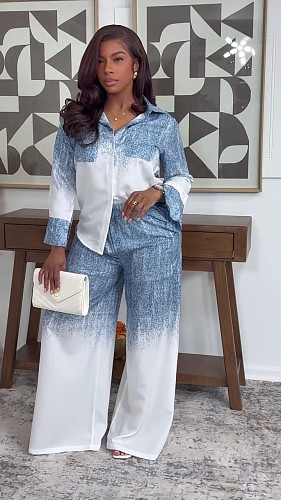 Fashionable and Elegant Color-Blocked Long-Sleeved Collared Shirt and High-Waisted Pants Set QZ-8170