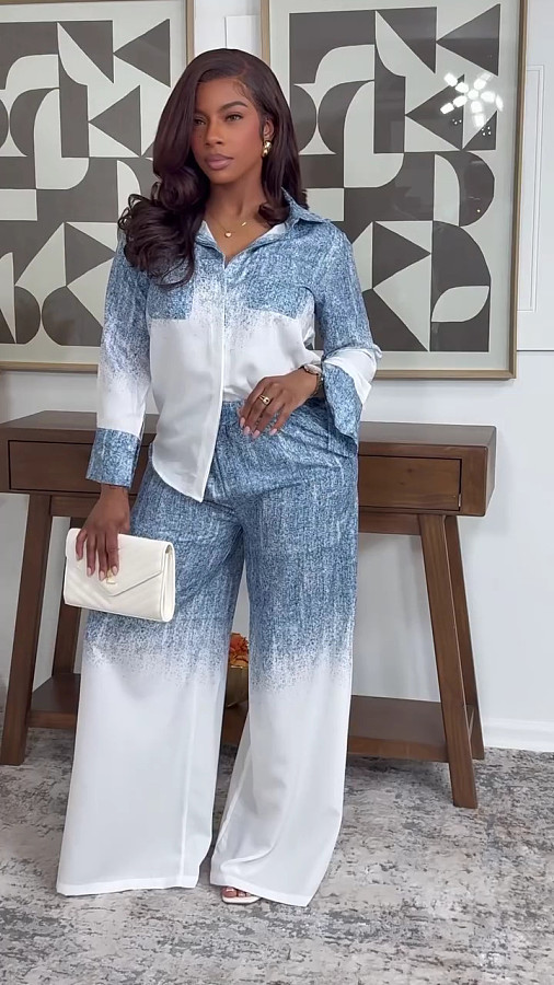 Fashionable and Elegant Color-Blocked Long-Sleeved Collared Shirt and High-Waisted Pants Set QZ-8170