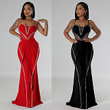 Sexy Stretch Spaghetti Strap Rhinestone Mesh See-Through Patchwork Lace Bodycon Dress NY-3161