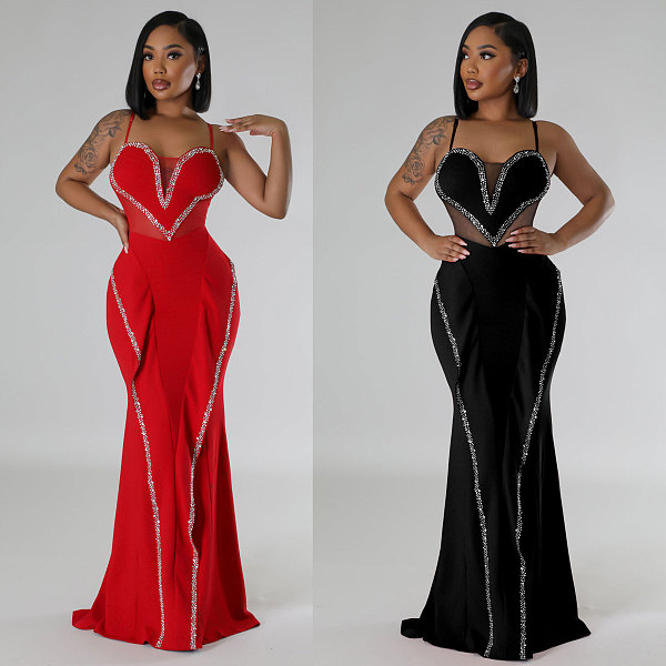 Sexy Stretch Spaghetti Strap Rhinestone Mesh See-Through Patchwork Lace Bodycon Dress NY-3161