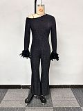 Sexy Stretchy Shiny One-Shoulder Jumpsuit with Feather Embellishments NY-10688