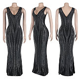 Sexy V-neck Double-sided Rhinestone Embellished Sleeveless Stretchy Bodycon Long Dress NY-3187