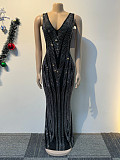 Sexy V-neck Double-sided Rhinestone Embellished Sleeveless Stretchy Bodycon Long Dress NY-3187