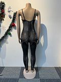 Sexy Rhinestone Embellished Sheer Strappy Elastic Slim-Fit Jumpsuit NY-3193