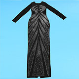 Sexy Rhinestone Embellished See-Through Mesh Patchwork Stretch Bodycon Dress With Back Slit NY-3189