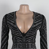 Sexy V-neck Rhinestone Embellished Stretch Slim-fit Slit Hem Bodycon Dress NY-3110