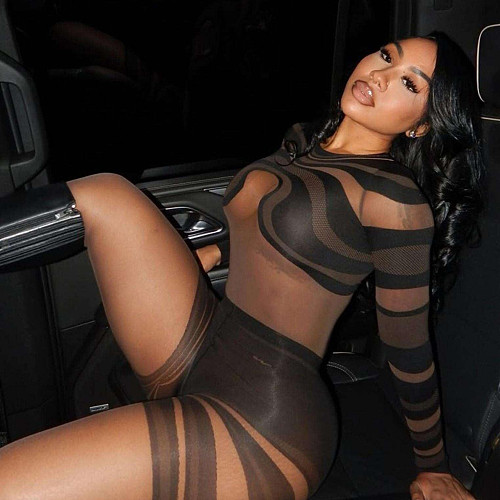 Sexy Mesh Irregular Stripe Print See-Through Long-Sleeved Bodysuit SHD-9564