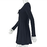 Fashionable Solid Color Pleated Long-Sleeved A-Line Dress JY-303728