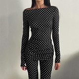 Fashion Polka Dot Print Off-the-Shoulder Long-Sleeved Top and Flared Pants Set SHD-9767