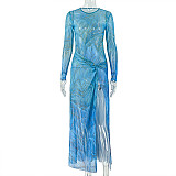 2025 Fashion Color-Blocked Round Neck Long-Sleeved Slit Hem Bodycon Dress JY-303855