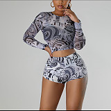 Sexy Mesh Pattern Printed Long-Sleeved Top and Shorts Set SHD-9764