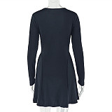 Fashionable Solid Color Pleated Long-Sleeved A-Line Dress JY-303728