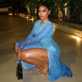 2025 Fashion Color-Blocked Round Neck Long-Sleeved Slit Hem Bodycon Dress JY-303855