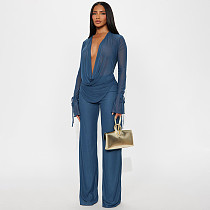 Sexy Mesh Halter Neck Tie-Up Long-Sleeved Top and Slim-Fit Pants Set SHD-9750