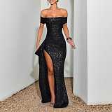 Sexy Sparkling Off-the-Shoulder Slit Evening Dress SUM-25456