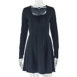 Fashionable Solid Color Pleated Long-Sleeved A-Line Dress JY-303728