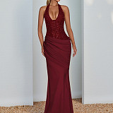 Sparkling Knitted V-neck Halterneck Patchwork Bodycon Evening Dress SUM-25476