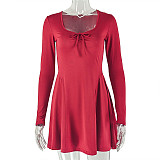 Fashionable Solid Color Pleated Long-Sleeved A-Line Dress JY-303728