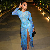 2025 Fashion Color-Blocked Round Neck Long-Sleeved Slit Hem Bodycon Dress JY-303855