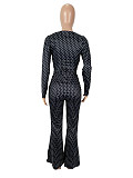 Fashion Polka Dot Print Off-the-Shoulder Long-Sleeved Top and Flared Pants Set SHD-9767