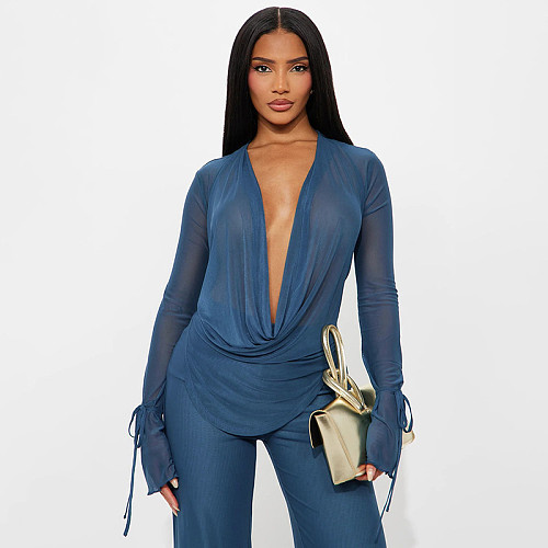 Sexy Mesh Halter Neck Tie-Up Long-Sleeved Top and Slim-Fit Pants Set SHD-9750