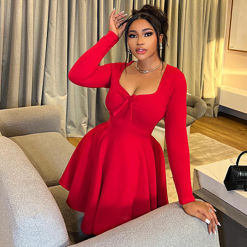 Fashionable Solid Color Pleated Long-Sleeved A-Line Dress JY-303728